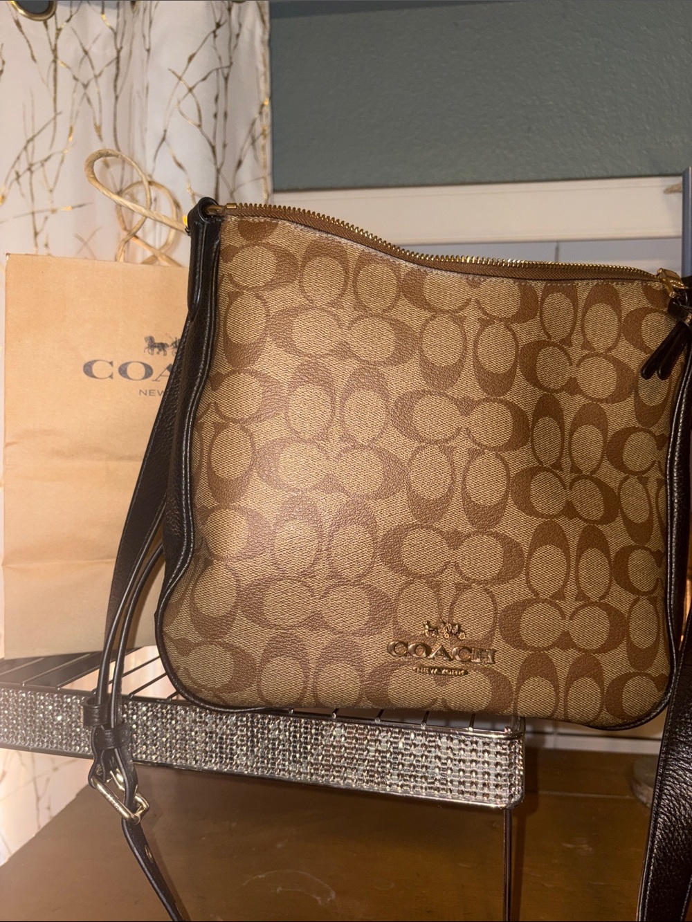 Coach Brown Signature Canvas Shoulder Bag with Dark Brown Trim